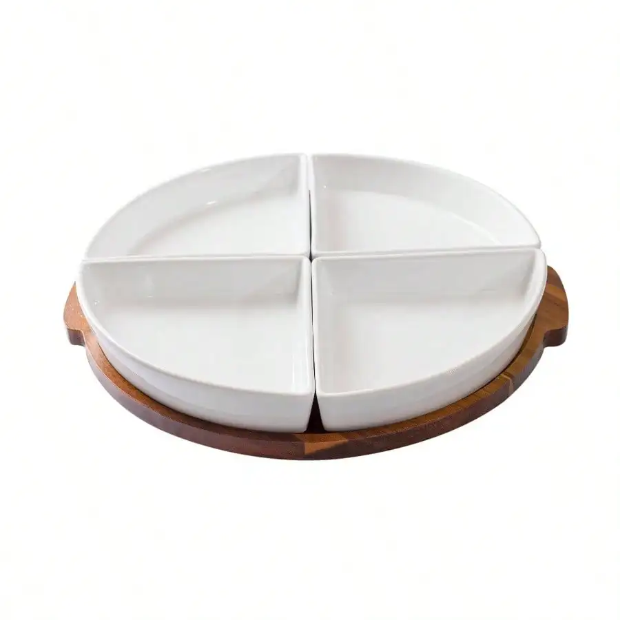 

Набор из акации и керамики Lazy Susan, 5 предметов для столовой, кухонного стола, дизайн из натурального дерева и керамики, прочный и стильный