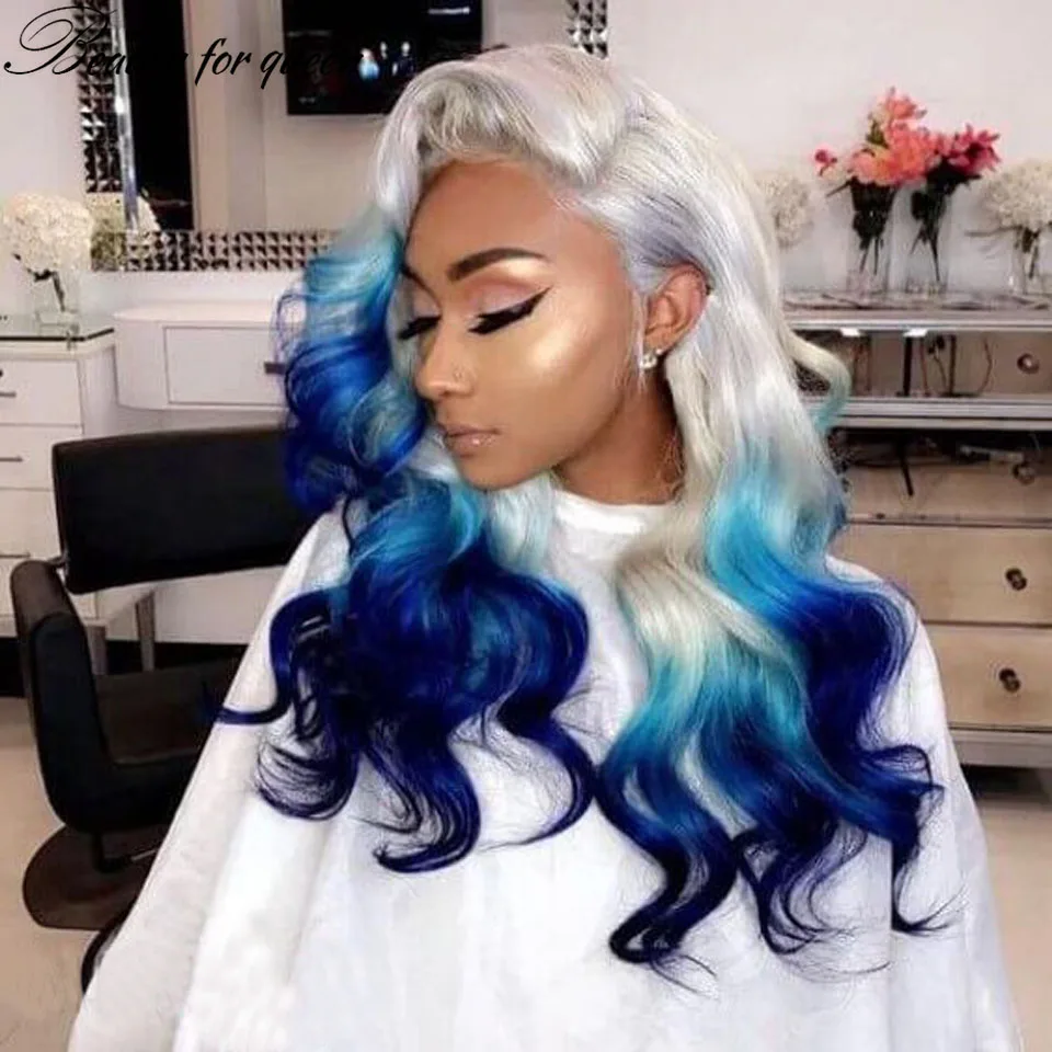 Ombre Blue Lace Front Human Hair Wigs For Women 150% Brazilian Hair Front Lace Wigs With Baby Hair Transparent Lace Frontal Wigs