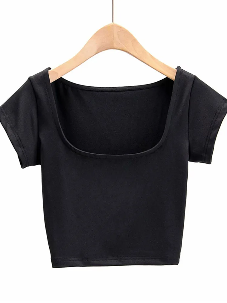 Women Petite Cap Sleeve Square Neck Crop T-shirt