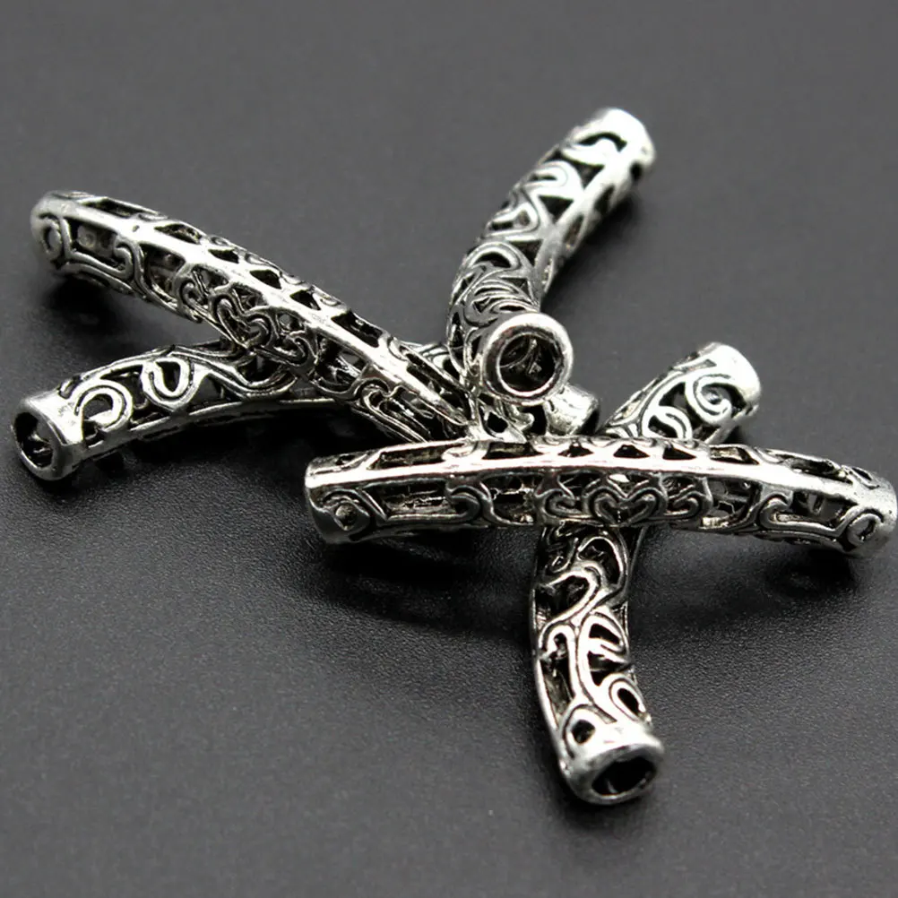 

100 pcs Hollow Flower Bent Tube Beads Alloy Silver Plated Tibetan Style Spacer For Diy Jewelry Making Necklace Bracelet