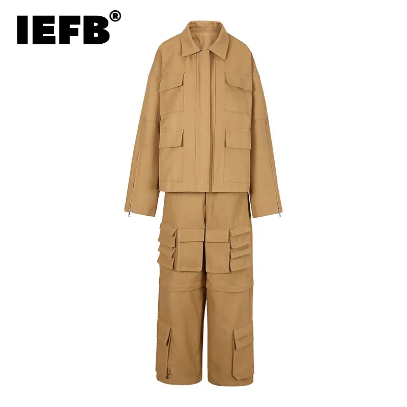 

IEFB New Fashion Men's Sets Multi Pockets Zipper Spliced Jackets Detachable Cargo Pants Niche Deisgn Male Two-piece 2023 Stlyish