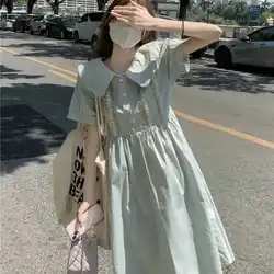 Plus Size 5XL 140KG Summer Women Dress Peter Pan Collar Short Sleeve High Waist Embroidery Sweet Dress