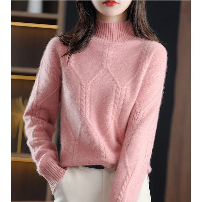 Wool Sweater Women\'s Half-Neck Pullover Loose Knit Bottoming Shirt Autumn Winter Long Sleeves Soft Cashmere Sweater Korean Tops