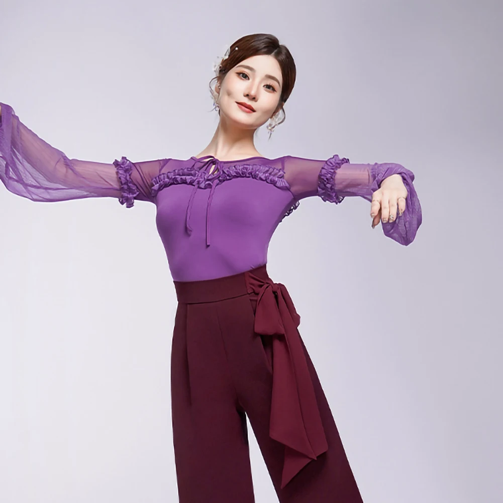 Vêtements de danse modernes pour femmes, haut violet, danse de salle de bal, chemise rétro rouge, manches lanternes noires, Jumbo, nouvelle collection