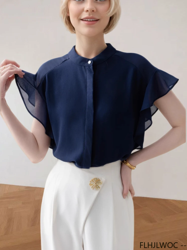 

Ruffles Tops Blouses New Design 2025 Summer Fashion Women Office Lady Flare Sleeve Stand Collar Navy Blue America Retro Shirts