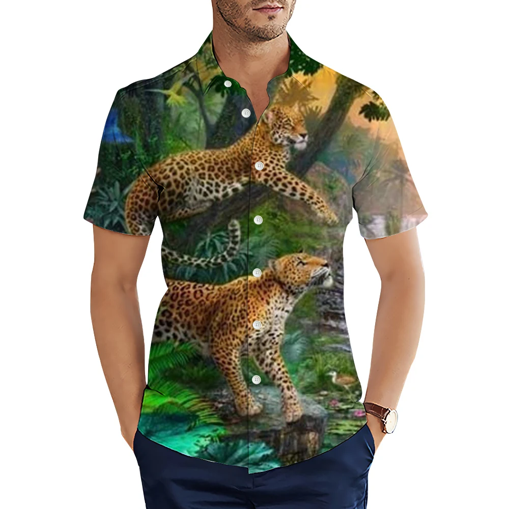 HX Fashion Animals Shirts Leopard Tropical Rainforest 3D Print Casual Shirts Summer Short Sleeve Lapel Tops For Men Camisas