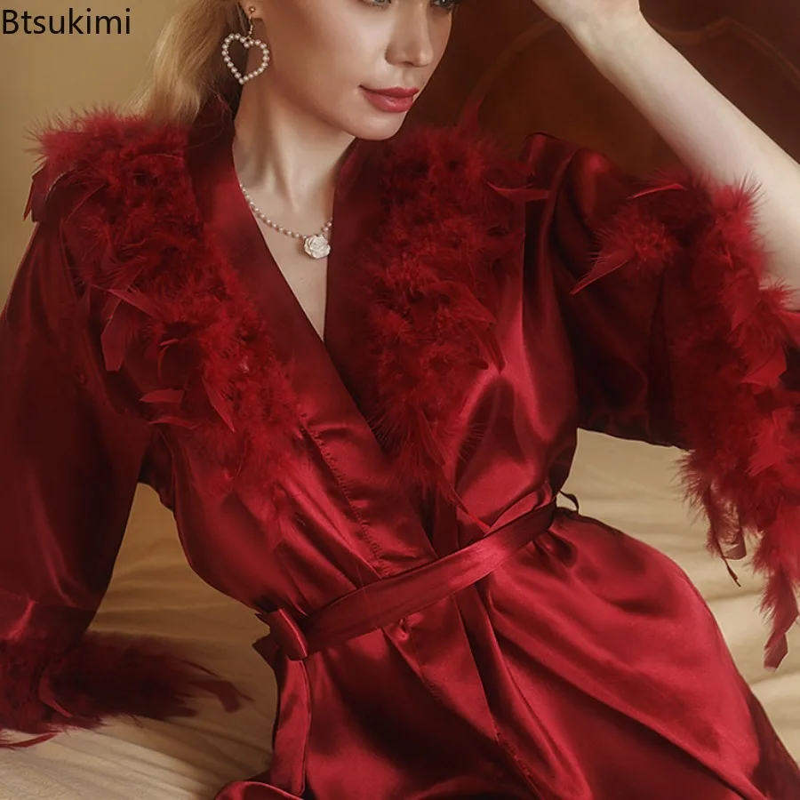 New 2025 Women's Morning Robe Bridesmaid Bathrobe with Feather Nightgown for Wedding Makeup Bridesmaid Group Kimono Bride Robes