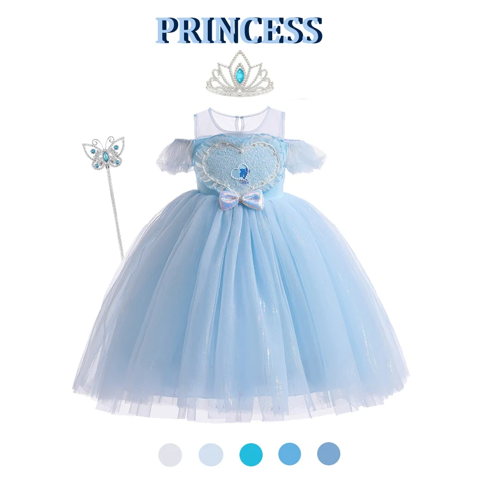 Girl Elsa Blue Princess Dress Girls Short Sleeve Puff Dress with Cape Elsa Snowflake Dress Princess Birthday Party Dress Up