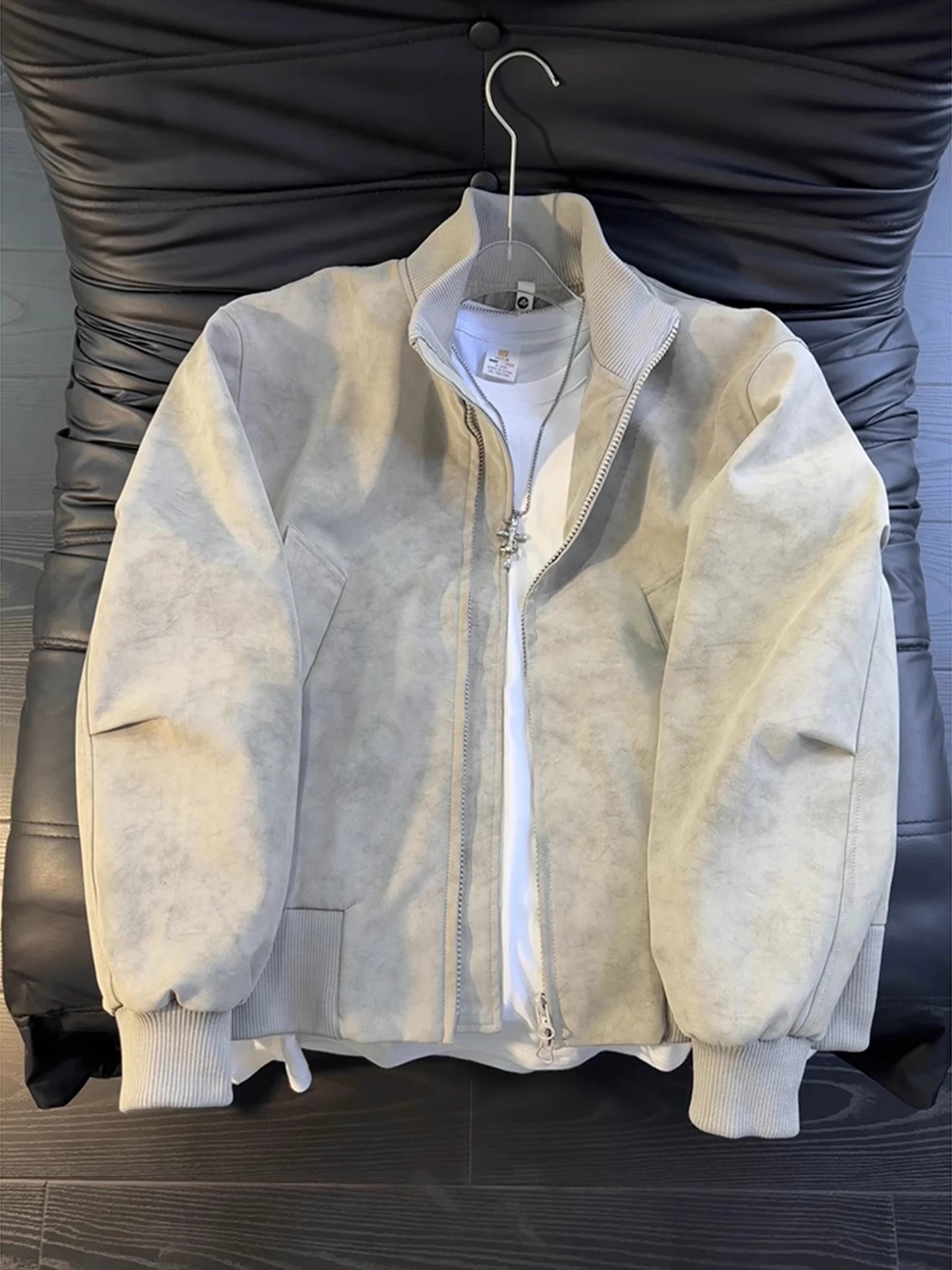 

ay Tie Dye PU Leather Jaet Men's ort American Retro Stand Collar Baseball Sle Outerwear Loose Fit Long Sve Zipper