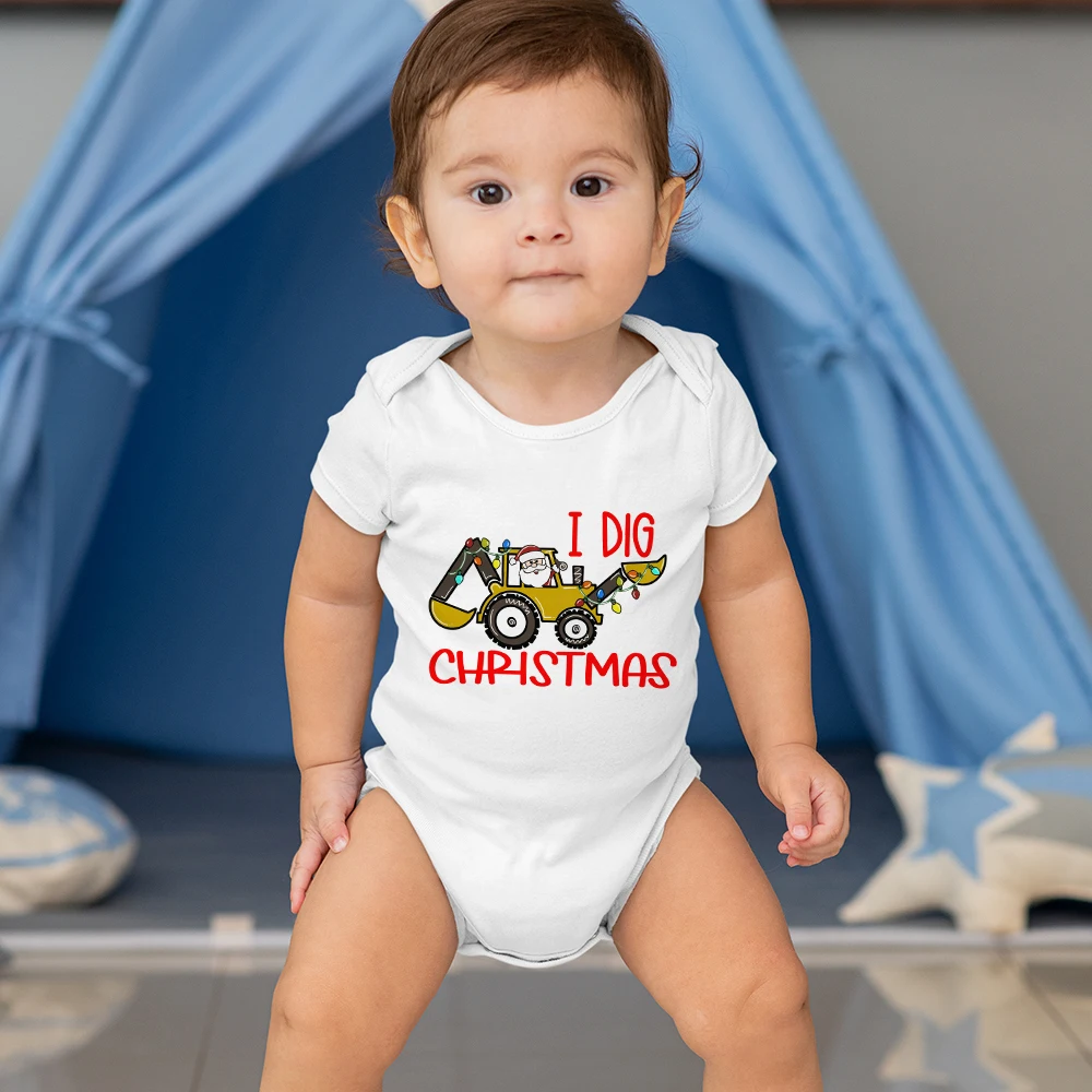 I DIG Christmas Funny Baby Boy Bodysuits Cartoon Cute Newborn Onesies White Short Sleeve Xmas Vibes Infant Clothes Jumpsuits