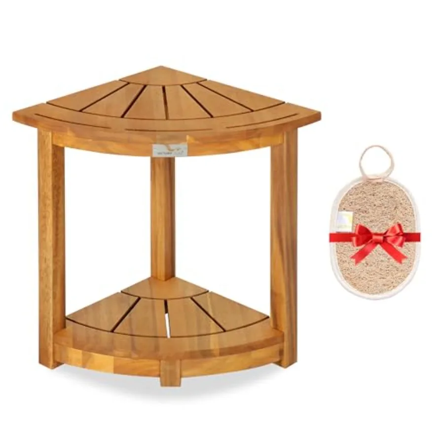 

Acacia Wood Corner Shower Stool - Waterproof Triangular Bathroom Bench with Storage Shelf and Soap Dish for Shaving Natural Woo