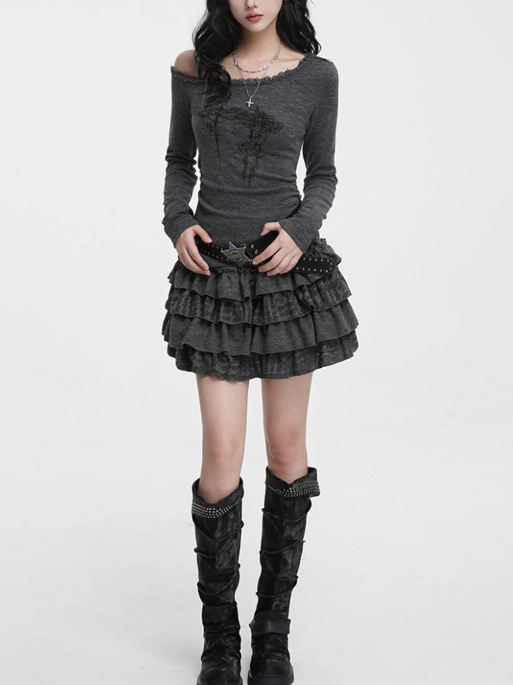 Gonna moda vintage donna autunno grigio a strati con volant torta minigonna corta a vita alta retrò chic caldo ed elegante abito coreano