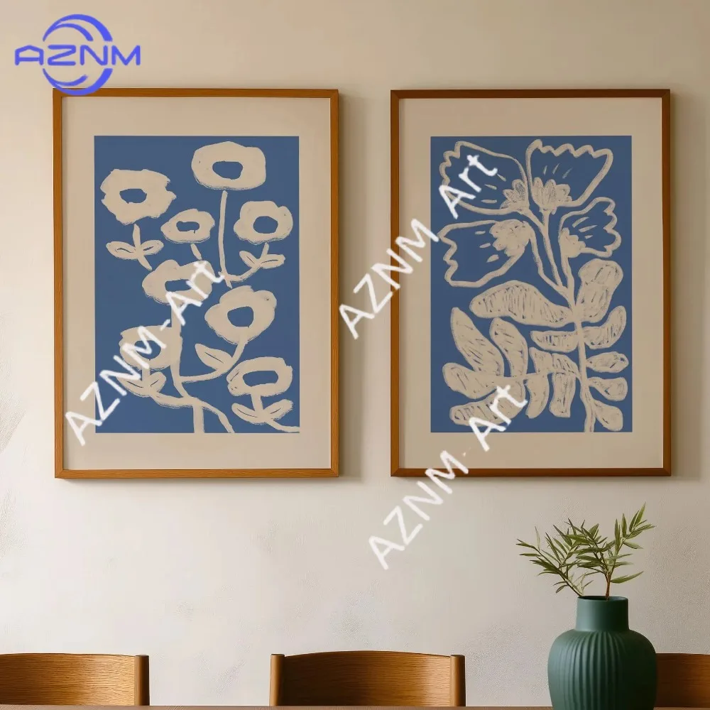 1/2 Stück, Blumenkunstdruck-Set mit 2 blau-beigen botanischen Wanddekorationen, Mid-Century-skandinavisches Blumenposter für das Wohnzimmer