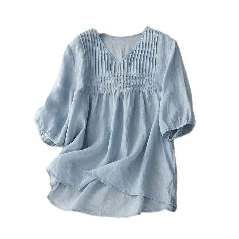 

Summer new sweet and fresh literary holiday style light blue solid color women's thin V-neck breathable short sleeves