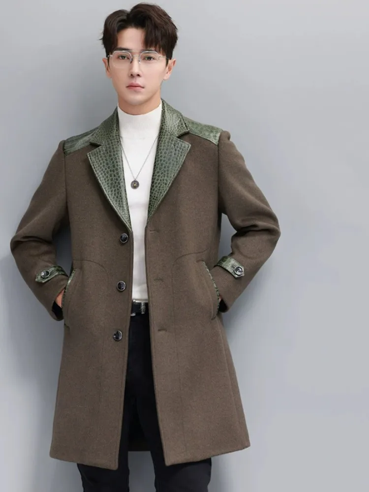 Autumn Winter Men Business Casual Wool Coat Spliced Sheepskin Collar Slim Fit Single Breasted Fashion Medium Long Trench Jacket