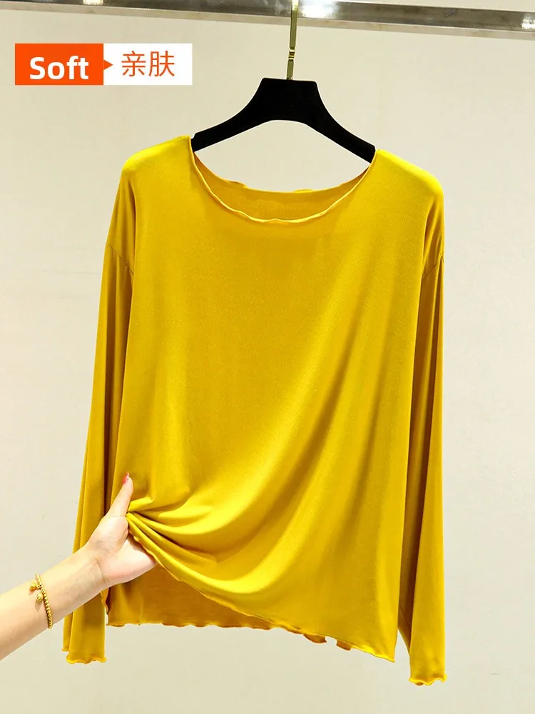 Lose Casual Modal Spitze Basis irt frauen Dünne Lange Sve Top plus Größe Abnehmen Lose Fit T-shirt Herbst reine Farbe