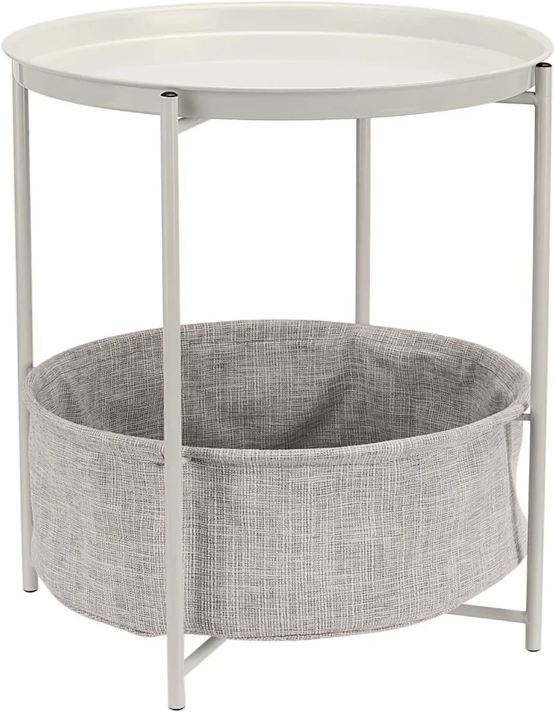Round Storage End Table, Side Table with Cloth Basket, White/Heather Gray, 17.7