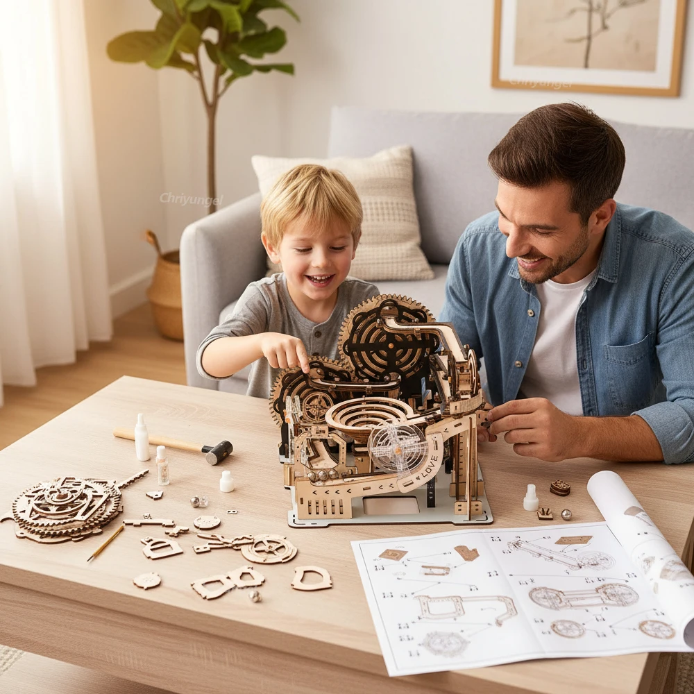 3D Wooden Puzzle Building Model Kit Electric Motorized Marble Run STEM Educational Construction Toys for Kids Adults Gifts