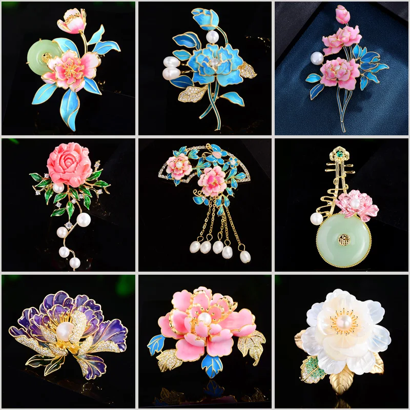 

Beautiful Peony Brooches for Women Colorful Enamel Hand-painted Freshwater Pearl Zirconium Corsage Cheongsam Accessories Pins