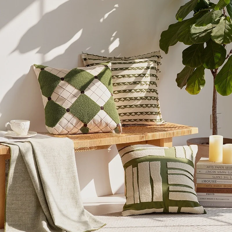Moroccan Green Diamond Lattice Pillow Cover Lumbar Pillowcase  Geometric embroidered Cushion Cover