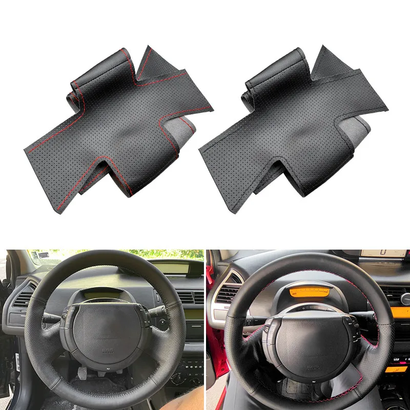 For Citroen Triumph Old C4 C-quatre 2007 2008 2009 Hand Braid Car Inner Accessories Steering Wheel Cover Perforated Leather Trim