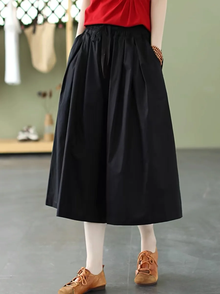 Loose Wide Leg Seven-Foot Pants Women's Casual Cotton  Color Elastic Waist Thin Summer Skirt Pants Artistic Vintage Larg...