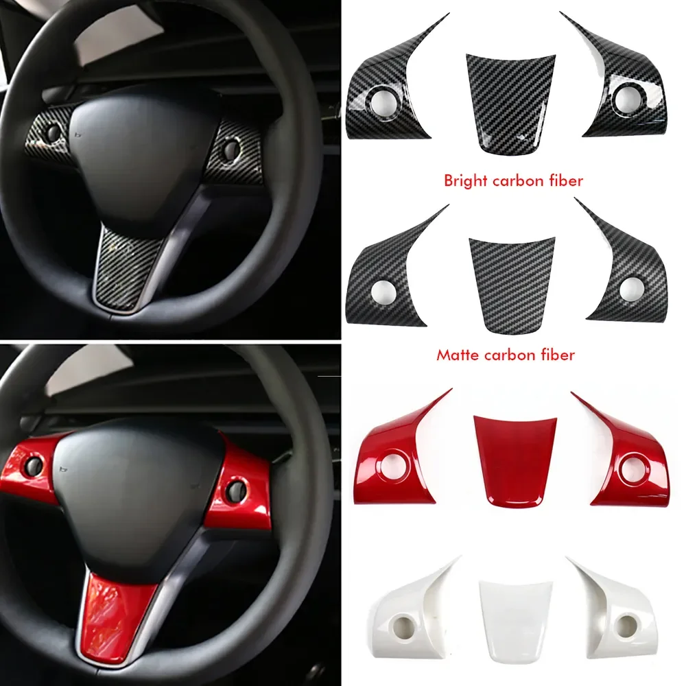 

3pcs Matte Carbon Fiber For Tesla Model Y 3 2021 Car Steering Wheel Panel Cover Trim Sticker Frame Modification Accessories