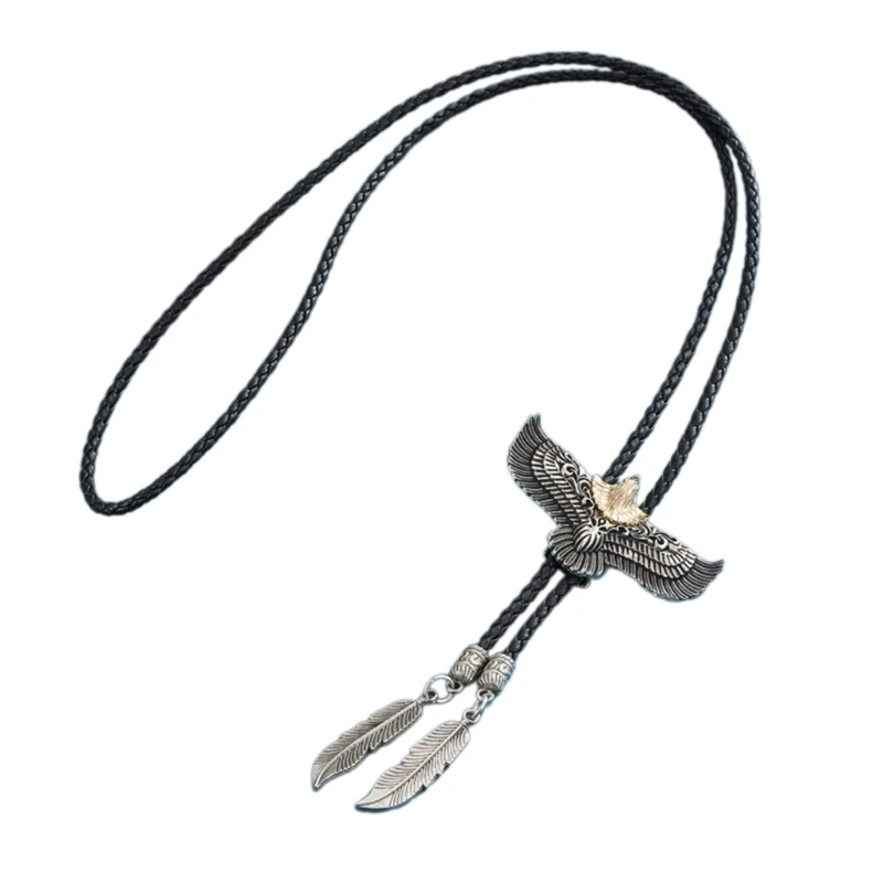 Mens Women American Bolo Tie Metal Cowboy Leather Rope Necktie Western Necklace with Feathered Pendant