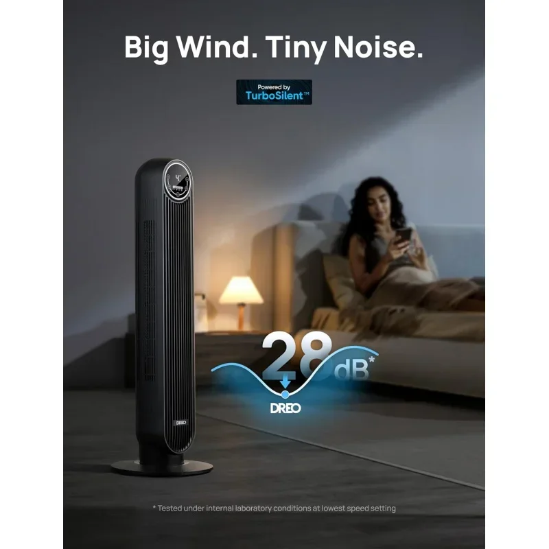 Quarto QWTower, ventilador de chão silencioso com velocidade de 25 pés/S, 90 °     Ventiladores oscilantes para ambientes internos com 4 velocidades, 4 modos, temporizador 8H,