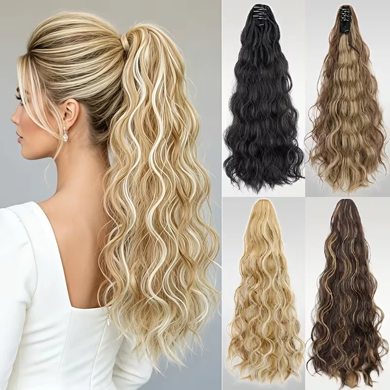 20Inch Synthetic Long Wavy Curly Ponytail Hair Extension Claw Clip in Instant Volume Length Hairpiece for Women Daily Use