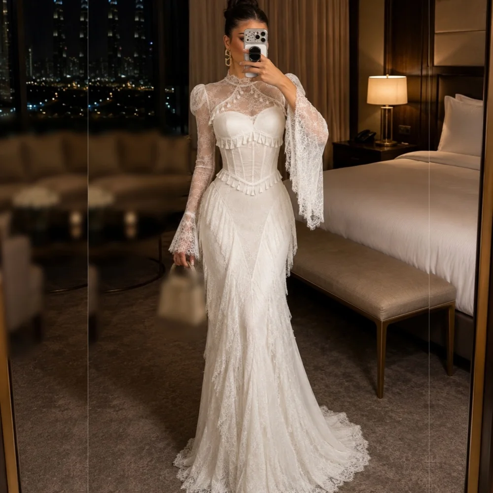 Customized Lace Elegant Party Gown for Wedding for Banquet High Collar Mermaid Floor-length Formal Evening Gowns