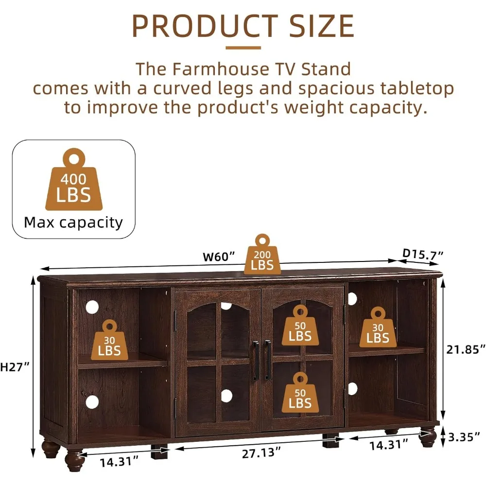 حامل تلفزيون المزرعة لتلفزيون 60 بوصة، مركز ترفيه خشبي مع أرفف قابلة للتعديل وخزانة تخزين بباب زجاجي، ملعب تلفزيون #2
