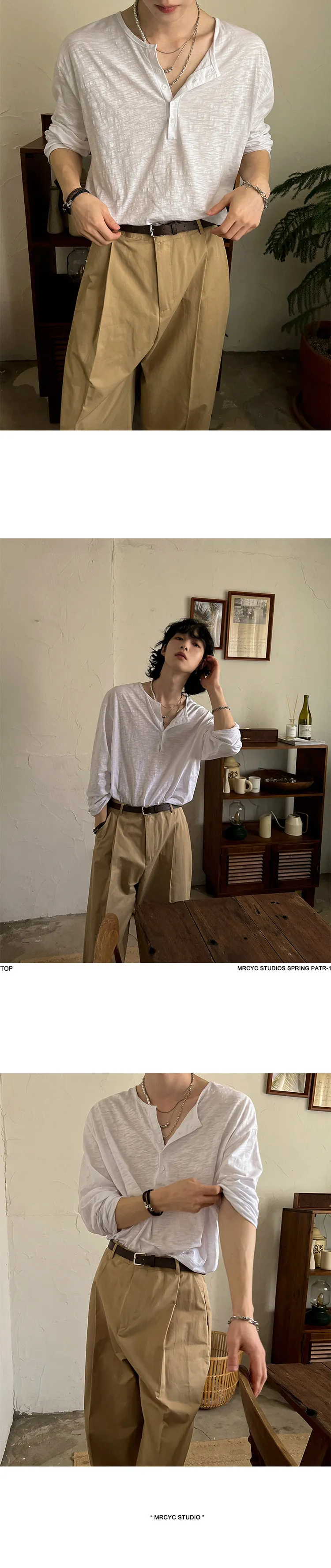 IEFB Korean Style Men's T-shirts Loose Button Design Pullover Tops Casual Solid Color Long Sleeve Male Tees Simple New 9C6913
