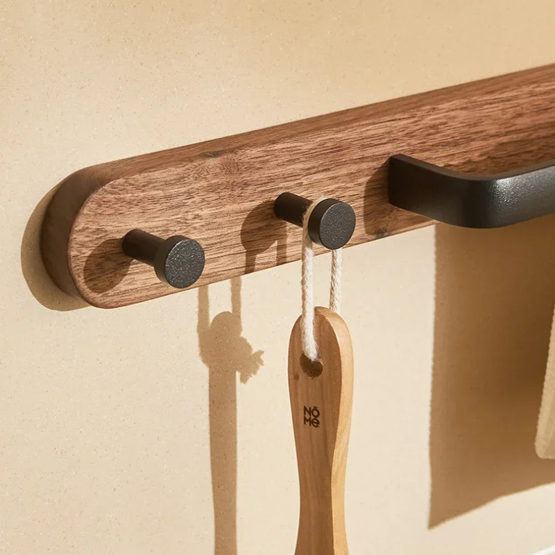 Walnut  Wood Bathroom Towel Bar with Metal Rod, Wall Mounted Bath Towel Rack, Bathroom Hook Row