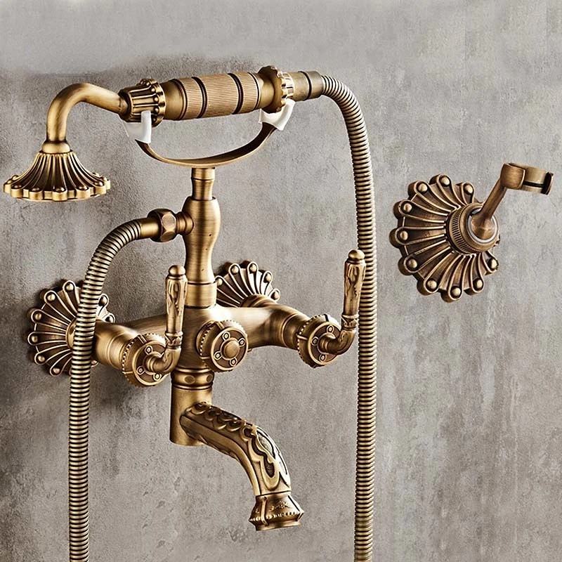 Imagem -04 - Antique Brass Bathtub Shower Faucets Grupo Bico de Banheira Giratória Controle Duplo Torneira Misturadora Esculpida Montado na Parede