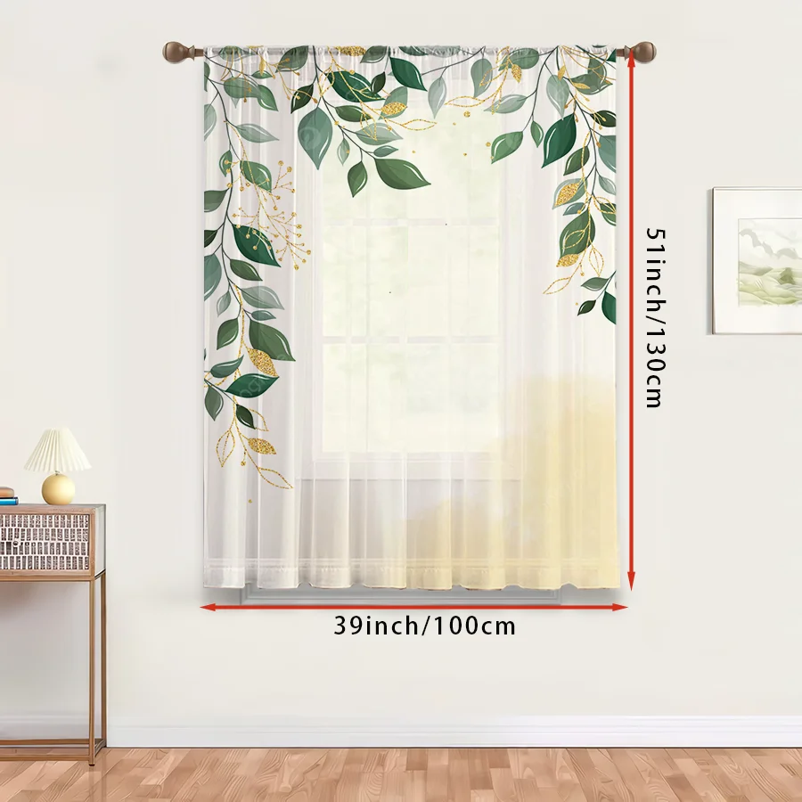 1PC Sheer Curtain Green Leaf Top Drape Golden Line Print, Rod Pocket Window Curtain for Living Room Botanical Decor