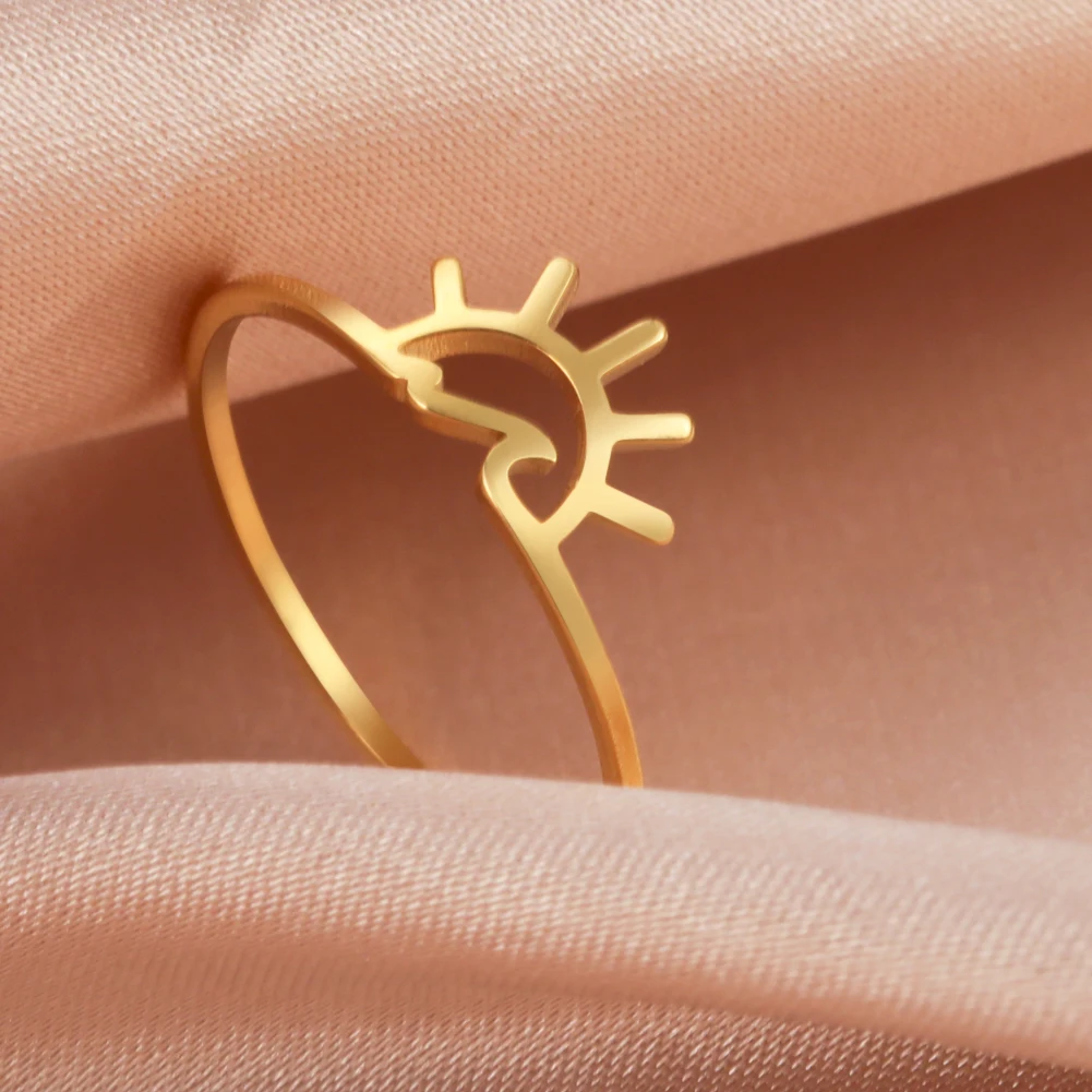 Hollow Ocean Wave Sunrise Ring Stainless Steel Sun Sea Light luxury Fashion Style Elegant Finger Charms Jewelry Gift for Party