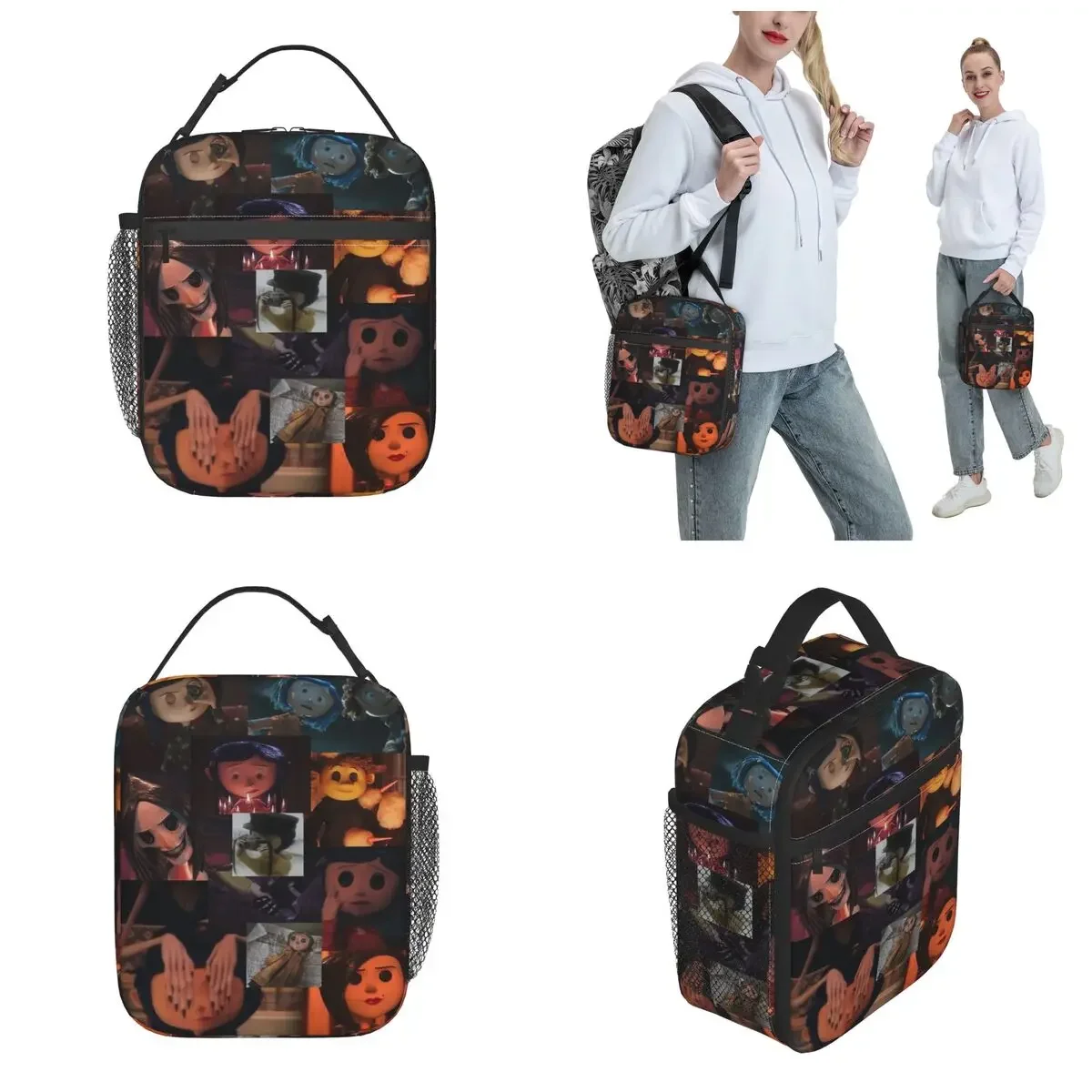 Insulated Lunch Bag Coralines Jones Cartoon Merch Halloween Animated Film Storage Food Box Y2K Thermal Cooler Bento Box For Work