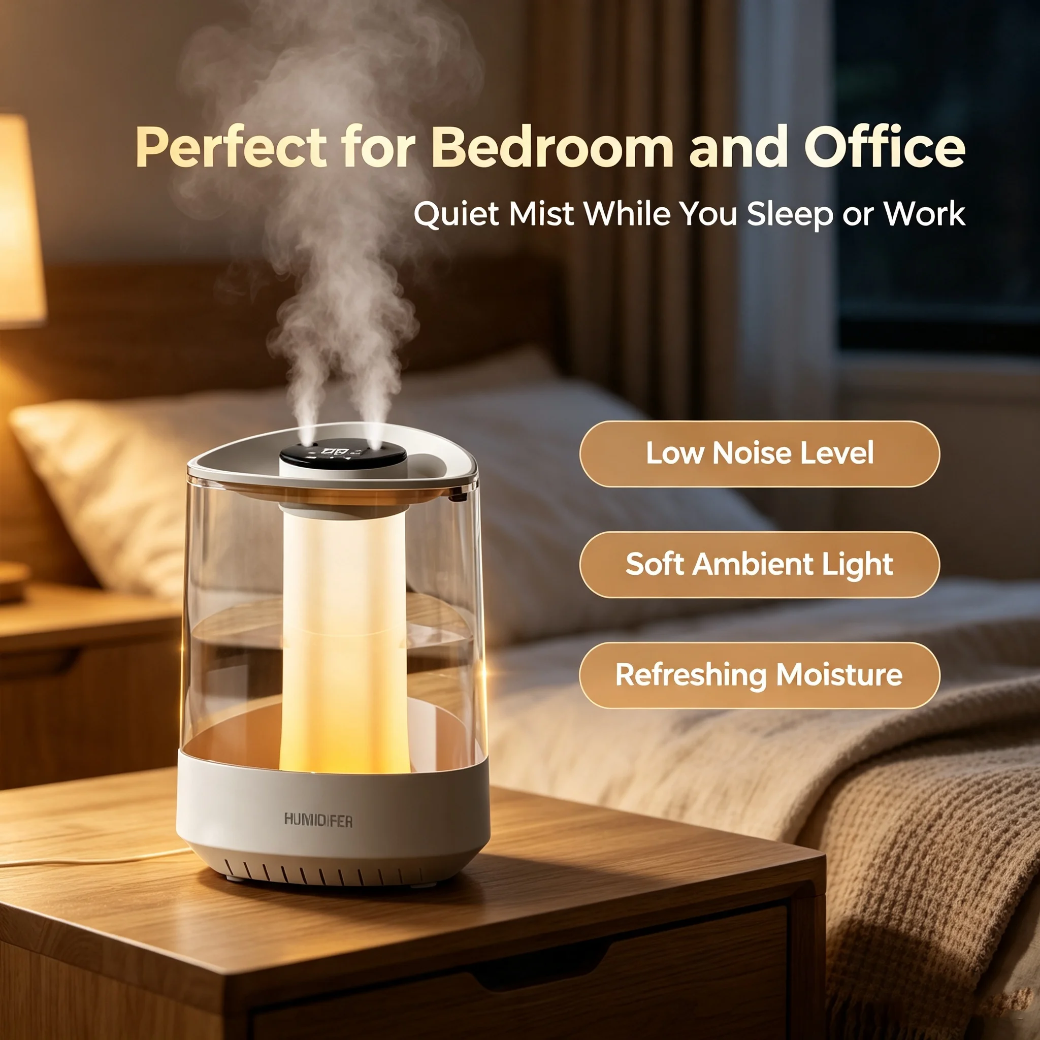 Transparent Visual Water Tank Air Humidifier with Dual Spray Nozzles, LED Digital Display, Warm Night Light, and Quiet Ultrasoni