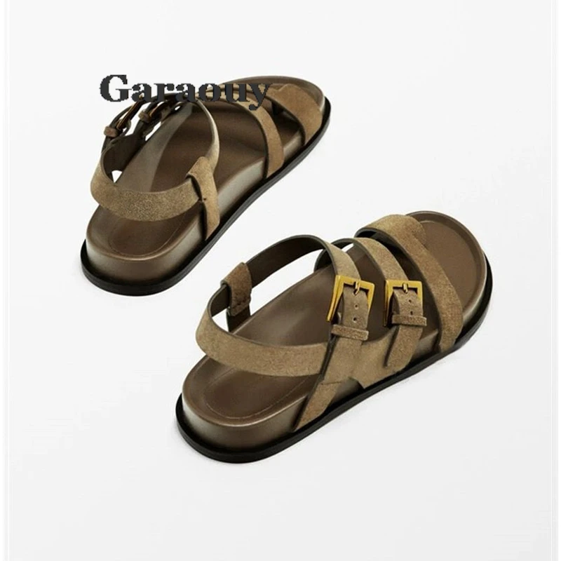 Garaouy Genuine Leather Roman Sandals Summer Outdoor Casual Open Toe Strap Buckle Back Strap Solid Color Fashion Women Sandals