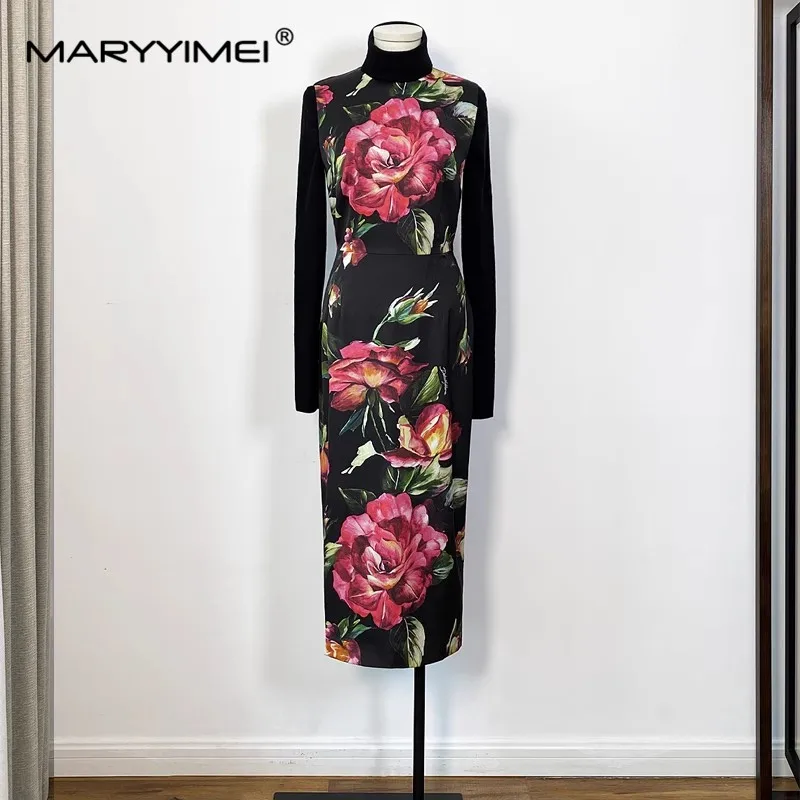 MARYYIMEI Stilista Estate Abito da donna in seta Senza maniche Stampa floreale Slim Elegante Vacanza Abiti a tubino in seta