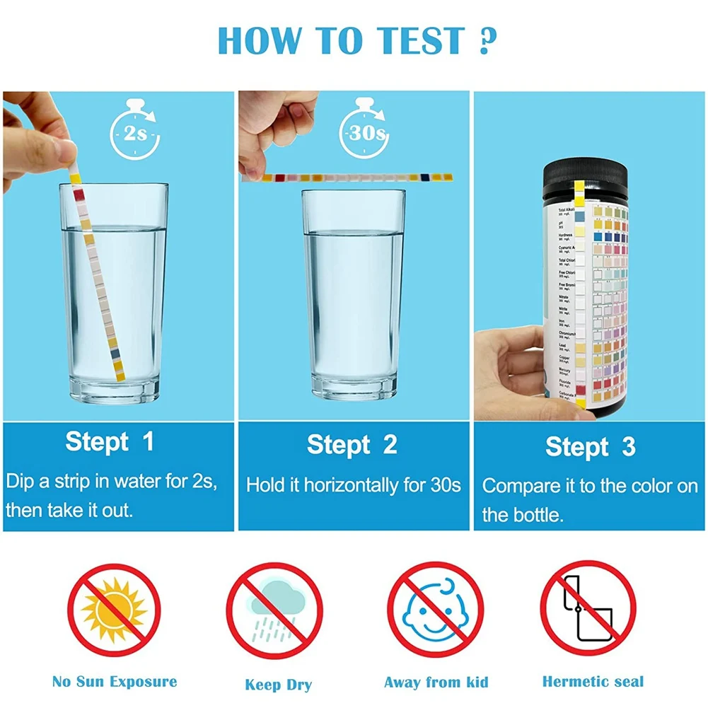 Kits de prueba de agua 16 en 1, de 100 piezas tiras de prueba de agua potable, tiras de prueba de agua de grifo y pozo y pruebas de PH, plomo, cloro
