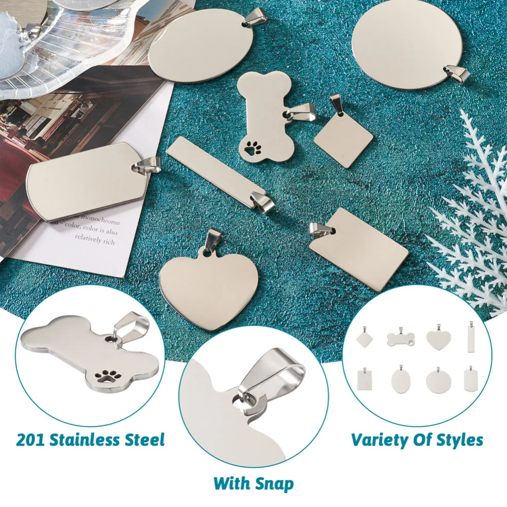 12~100pcs/Box Stainless Steel Stamping Blank Tag Pendant Heart/ Rectangle/Bone Shape for Unisex Necklace Jewelry Making Decor