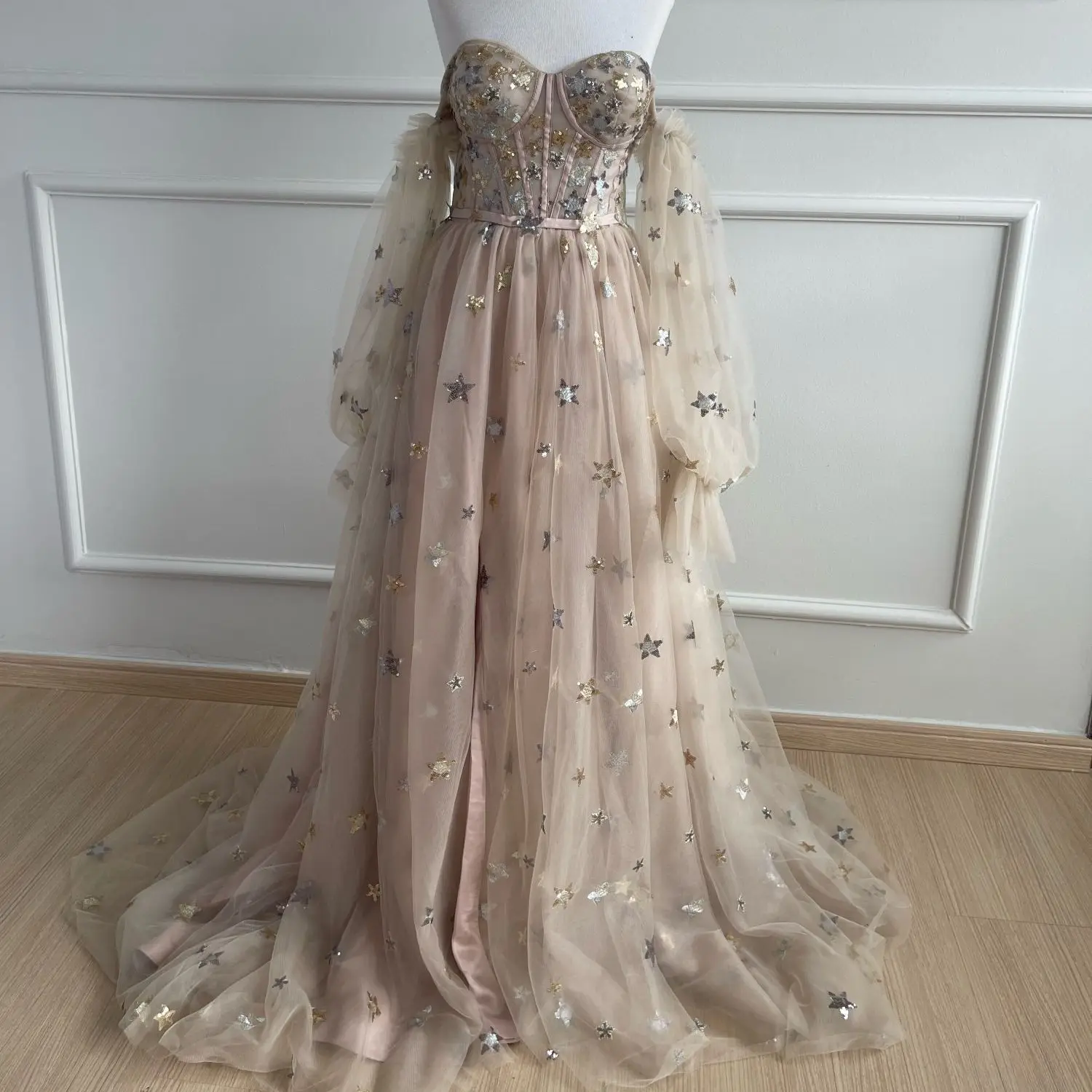 

Fairy Romantic Champagne Starry Tulle Prom Dress Sweetheart Puff Sleeves High Slit A-Line Party Gowns Formal Evening Dresses