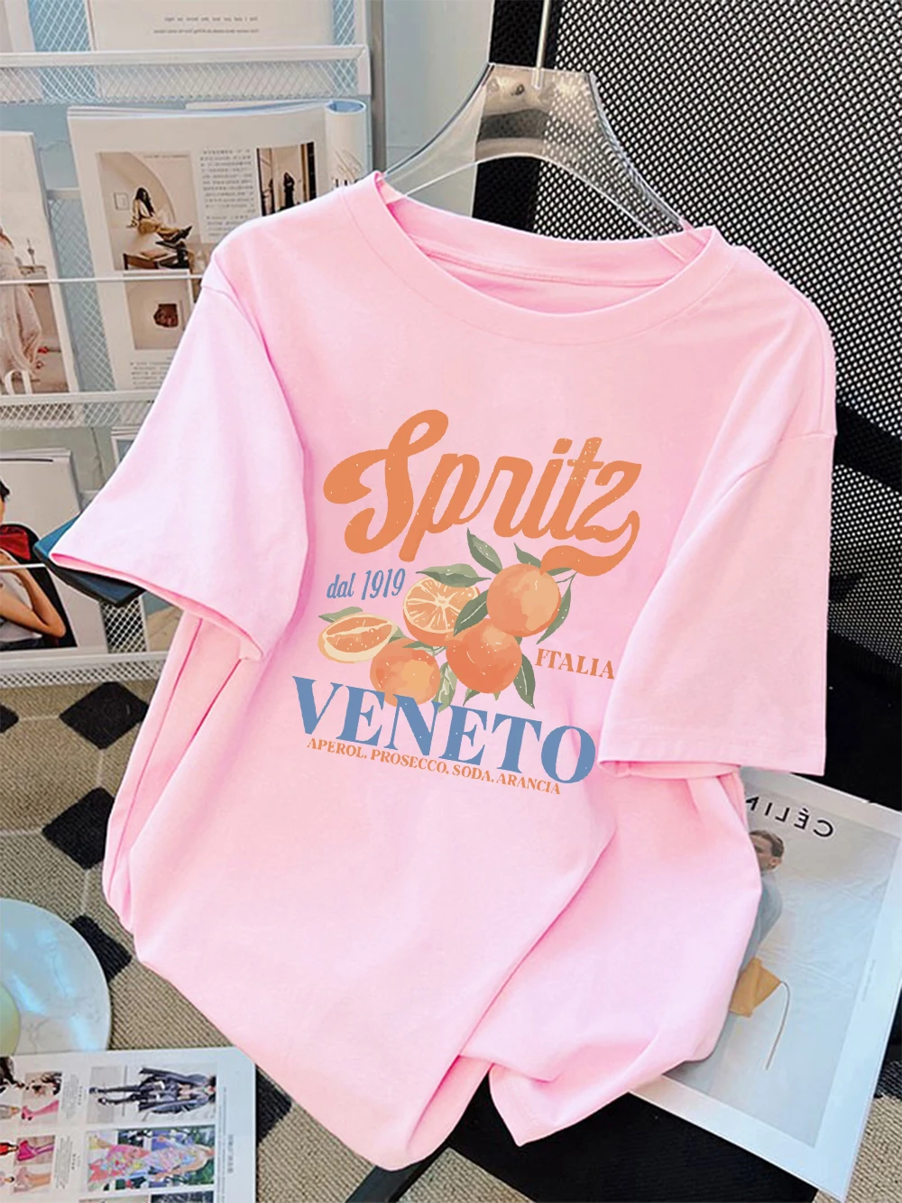 ฤดูร้อนเสื้อยืดผ้าฝ้ายสตรี Spritzy Veneto ตลกผลไม้สีส้มพิมพ์แขนสั้น Tees นุ่มหลวม O-คอ Tops Basic เสื้อผ้า
