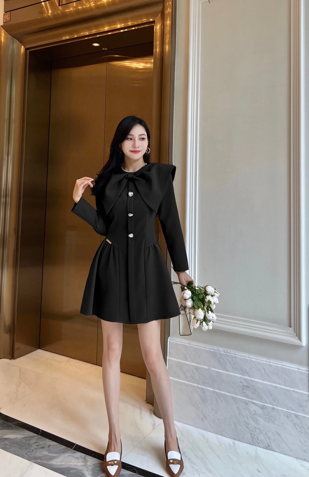 

New 2023 Autumn And Winter Women's ClothingHeart Shape Bow Collar Design Dress 1014