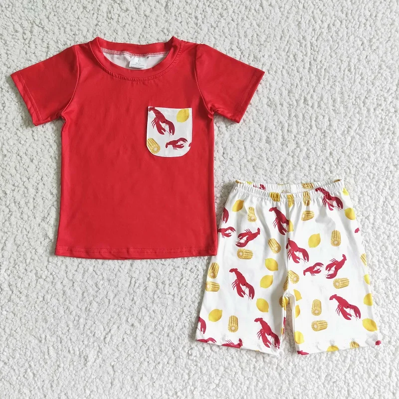 

Toddlers Outfits Baby Boys Summer Red Short Sleeve Lobster Pocket Suit Kids Clothing Sets Children Boutique Wholesale Western