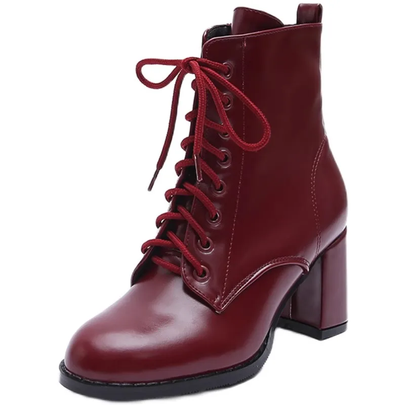 

British Style Black Burgundy Chunky Heels Ankle Boots Woman Square High Heel Zipper Side Lace- Up Boots Winter Motorcycle Boots