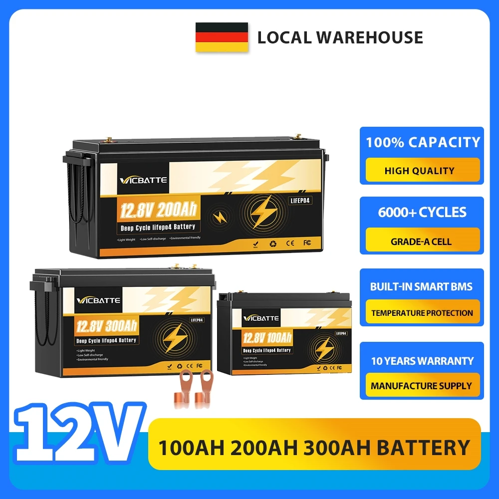 

12V 100Ah 200Ah 300Ah LiFePO4 Battery,Low-Temp Protection Battery Built-in BMS,Rechargeable Battery for Solar,Wind Power,Home