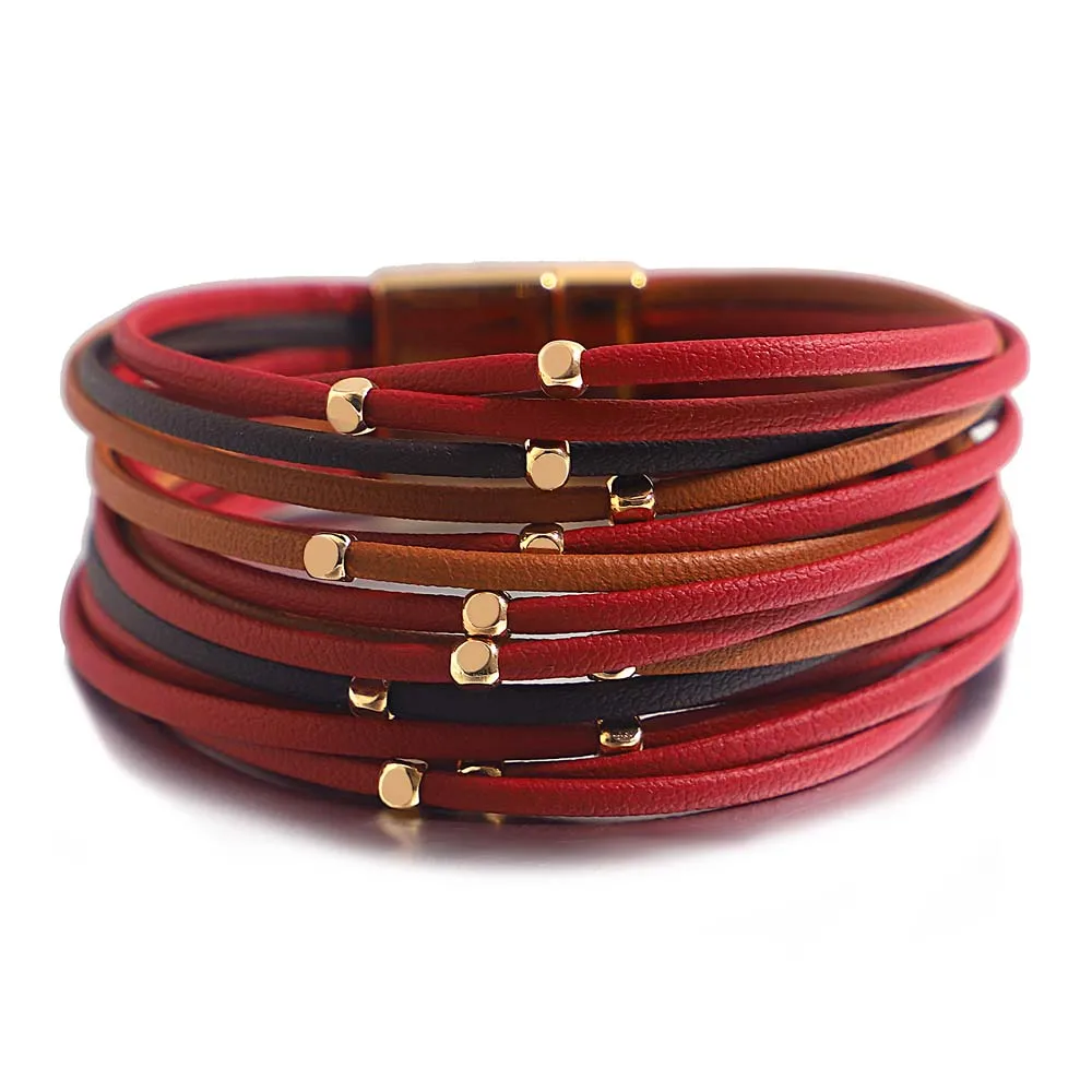 ALLYES, pulseras de cuero genuino con cuentas de Metal para mujeres y hombres, tiras delgadas a la moda, pulsera envolvente ancha multicapa Bohemia, joyería para mujer